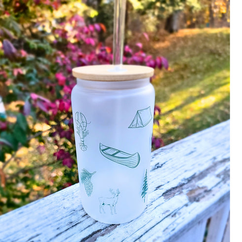 Custom Maine Lake Beer Glass with Lid and Straw, Any Lake!